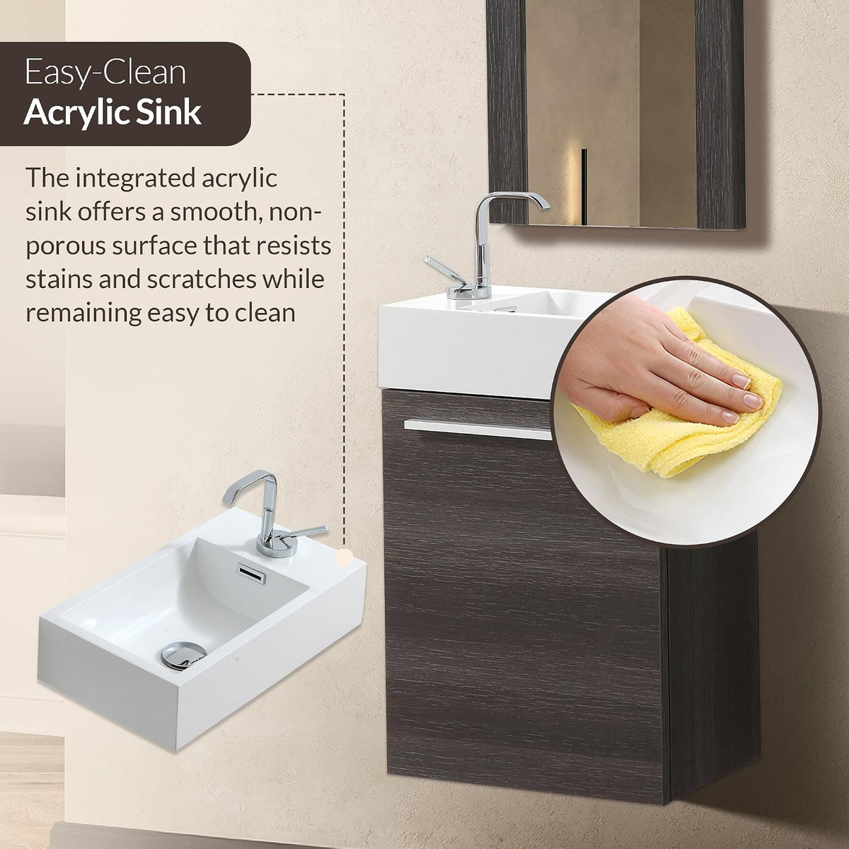 Close-up of the white rectangular acrylic sink on the dark vanity with inset showing hand wiping it with a yellow cloth