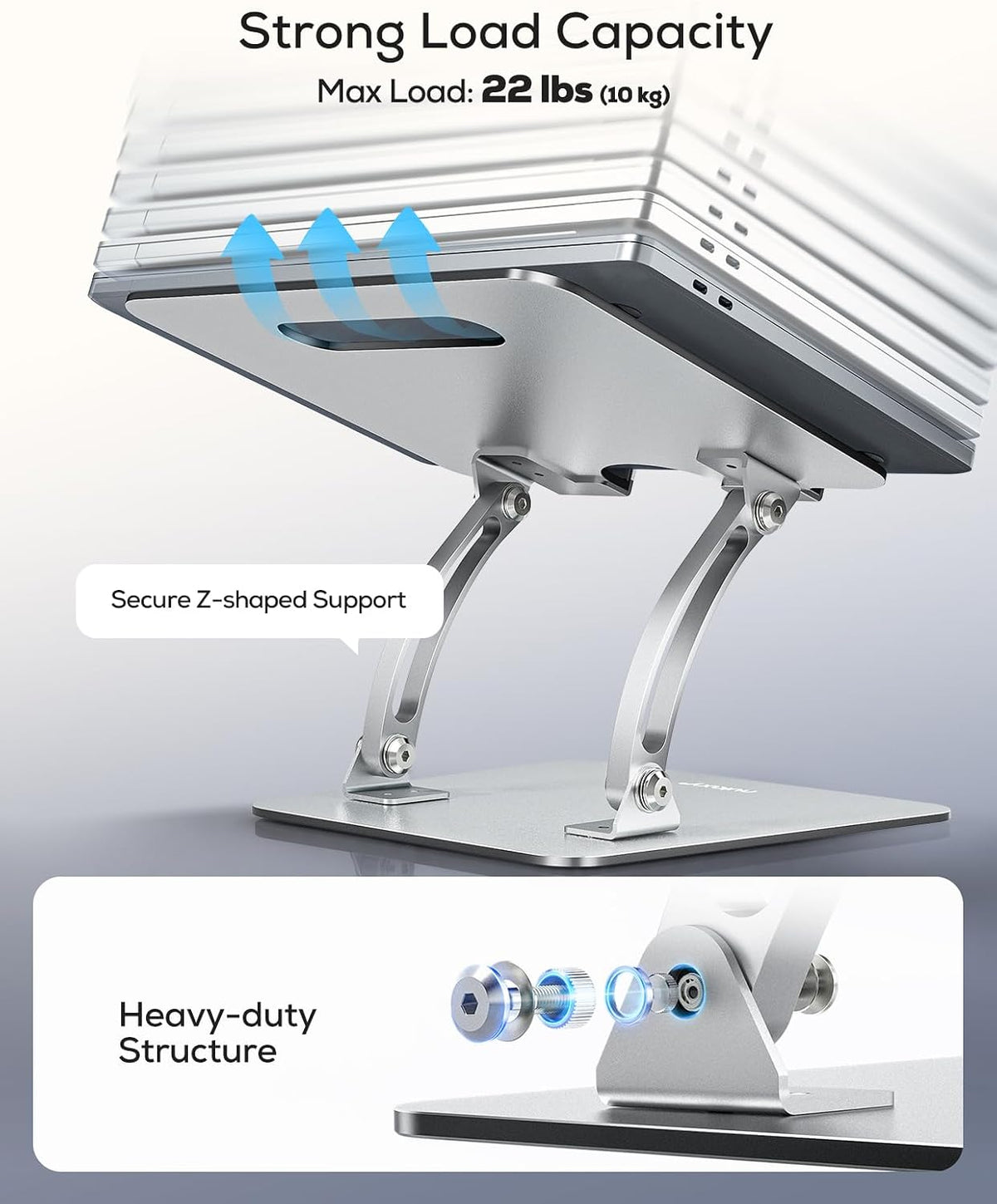 Underside view of the stand highlighting the Z-shaped dual-rod support and stacked laptop airflow