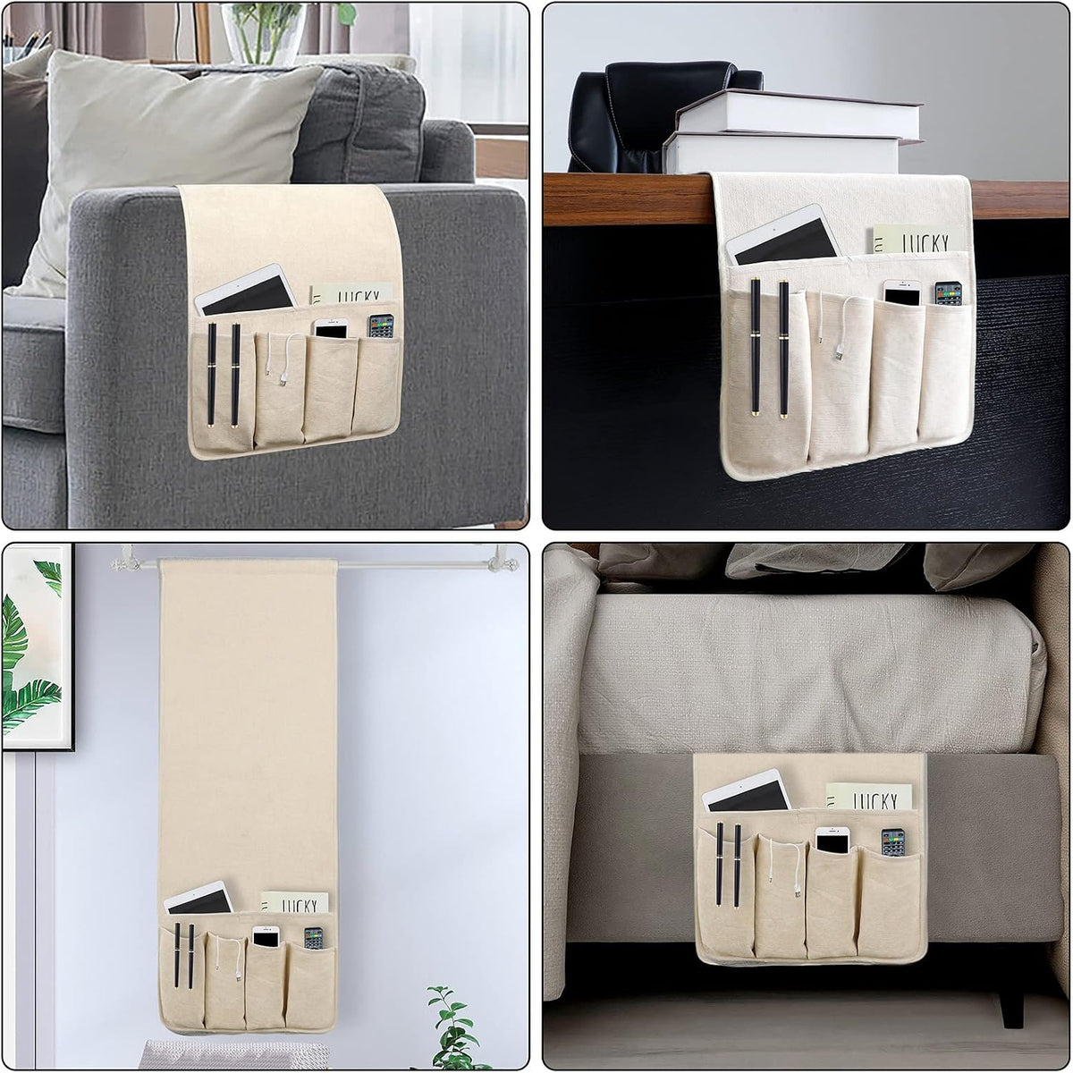 Beige armrest caddy draped over sofa arm and hanging from table edge to show installation options