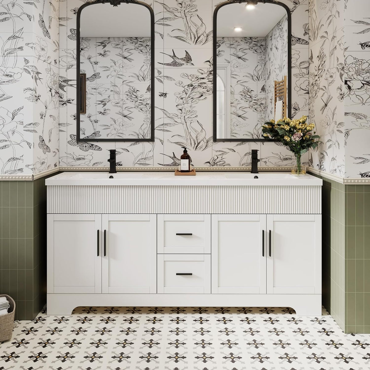 Wide front shot of a large white double-sink vanity with ribbed upper drawer panels and two mirrors above.