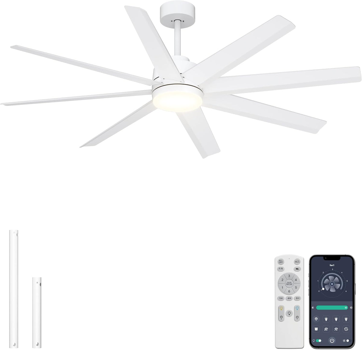 White eight-blade ceiling fan with its round light illuminated, two white downrods and a remote plus phone app shown.