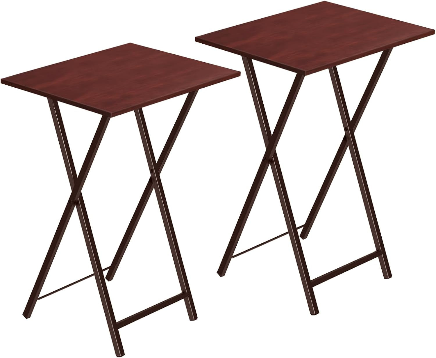 Two folding TV tray tables with deep cherry wood tops and dark brown metal X-leg frames