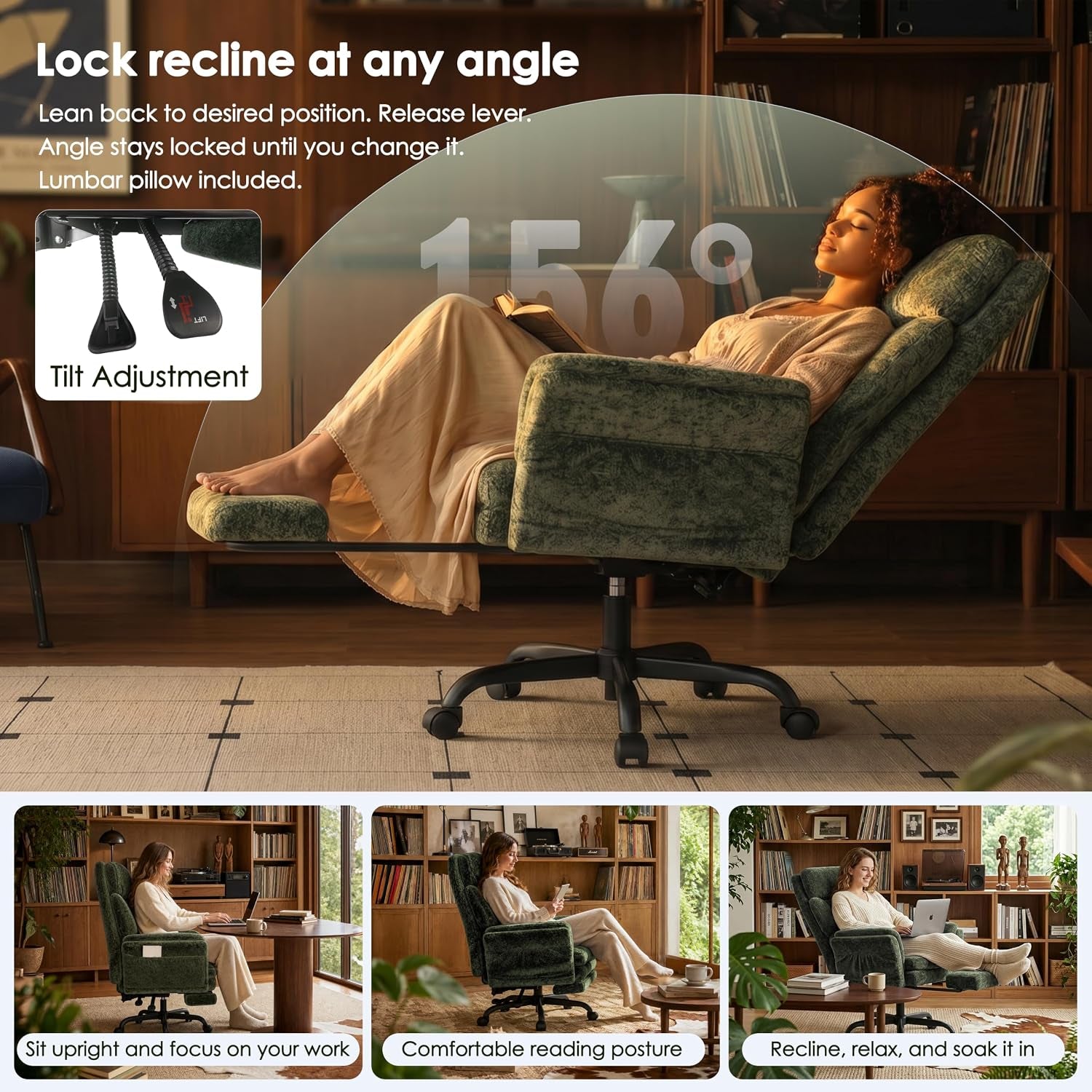 Side view of moss green chair fully reclined illustrating the tilt lever and the 156° recline position