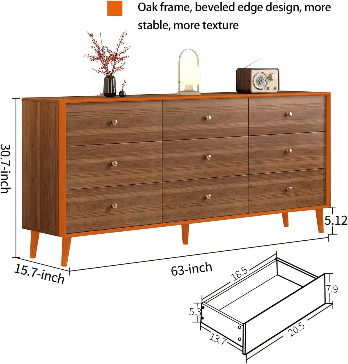 Diagram of the dresser showing labeled measurements: 63-inch width, 15.7-inch depth and 30.7-inch height