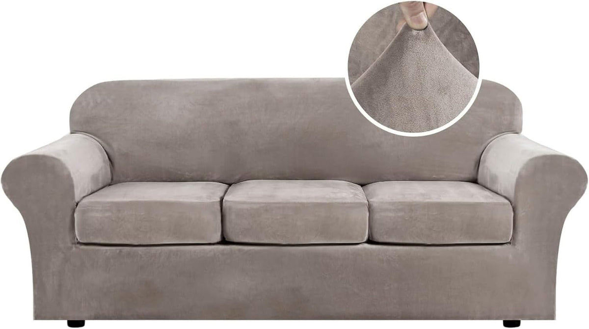 Straight-on view of a three-cushion light taupe sofa showing rounded arms and a circular close-up of the velvet texture.