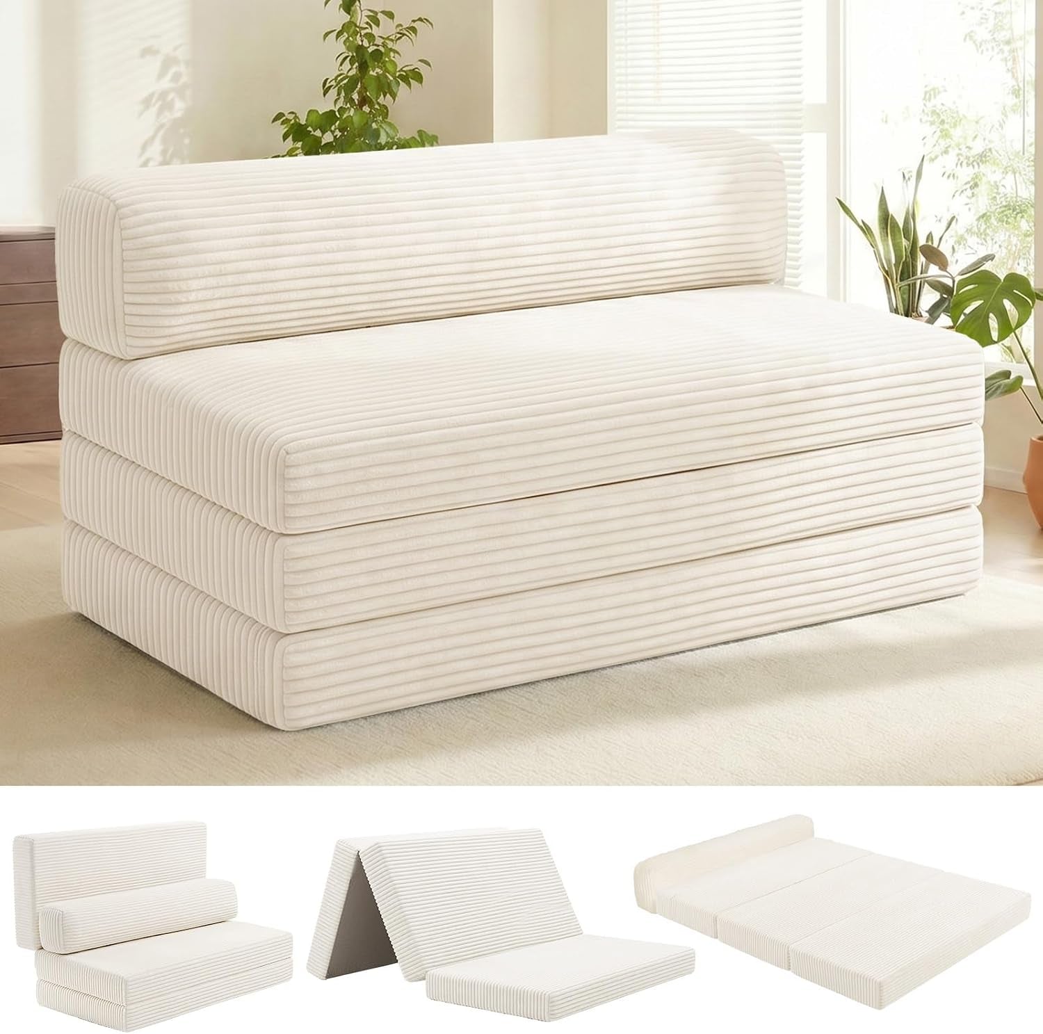 Ivory corduroy loveseat stacked in three layers with cylindrical back cushion by a window