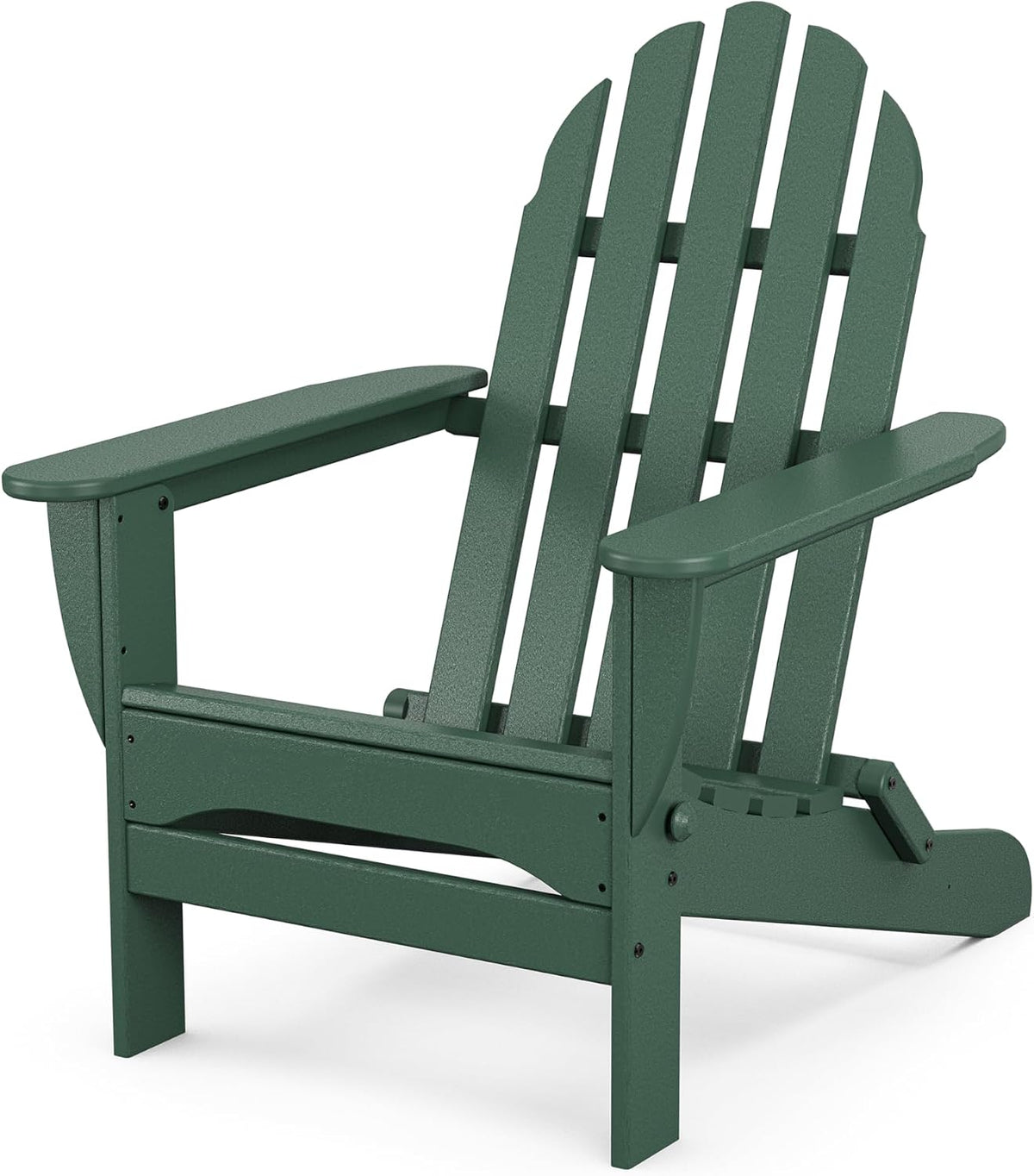 Angled front view of a green Adirondack chair showing textured finish and broad armrests.