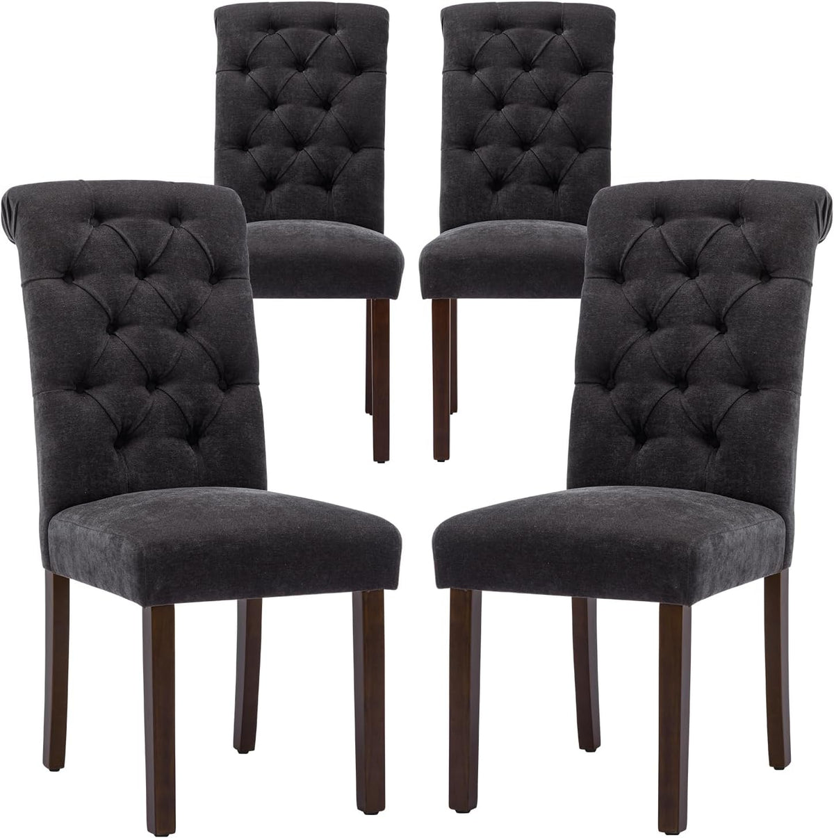 Set of four dark charcoal tufted dining chairs with dark wood legs on a white background