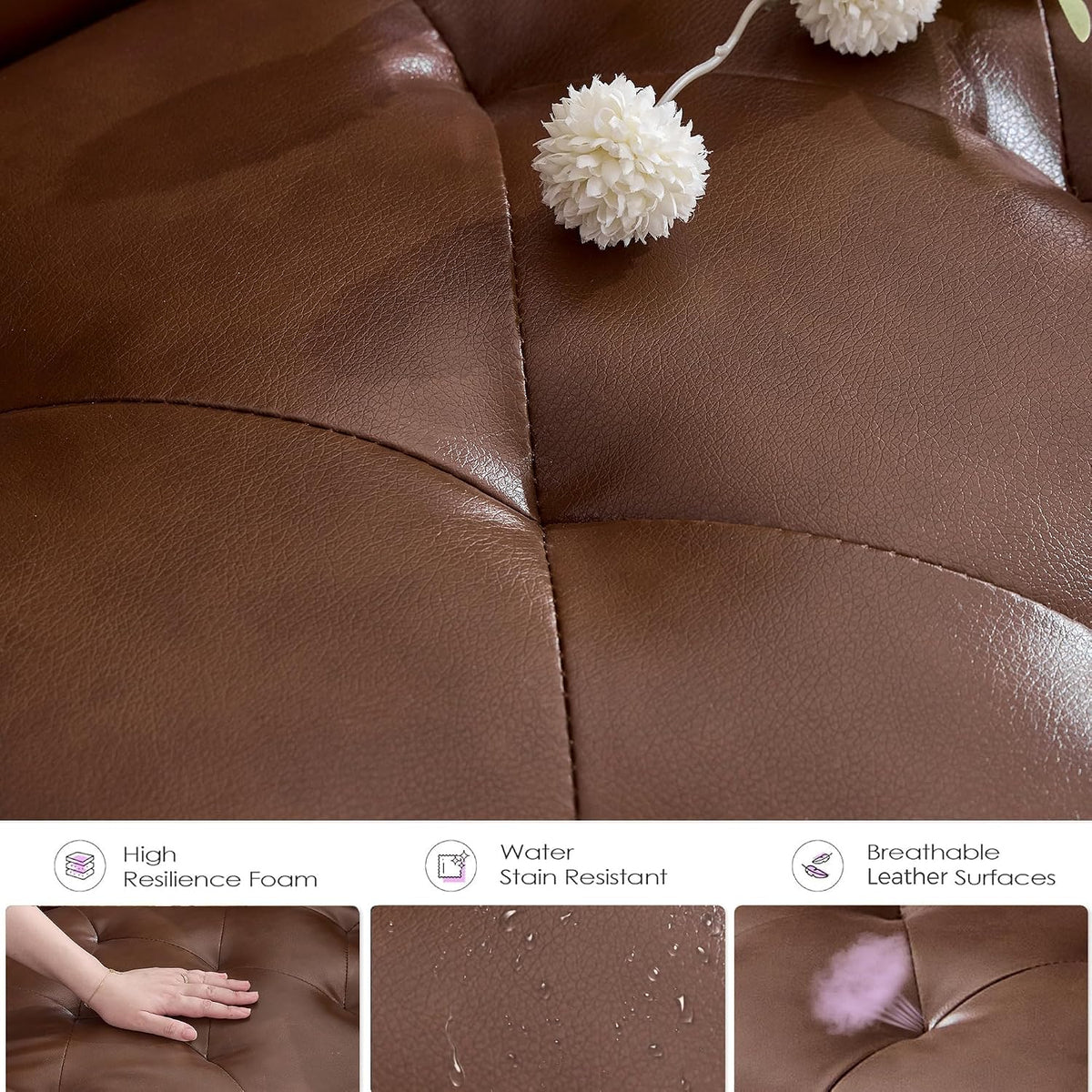 Extreme close-up of brown upholstery grain and stitched tufted detail on the seat surface