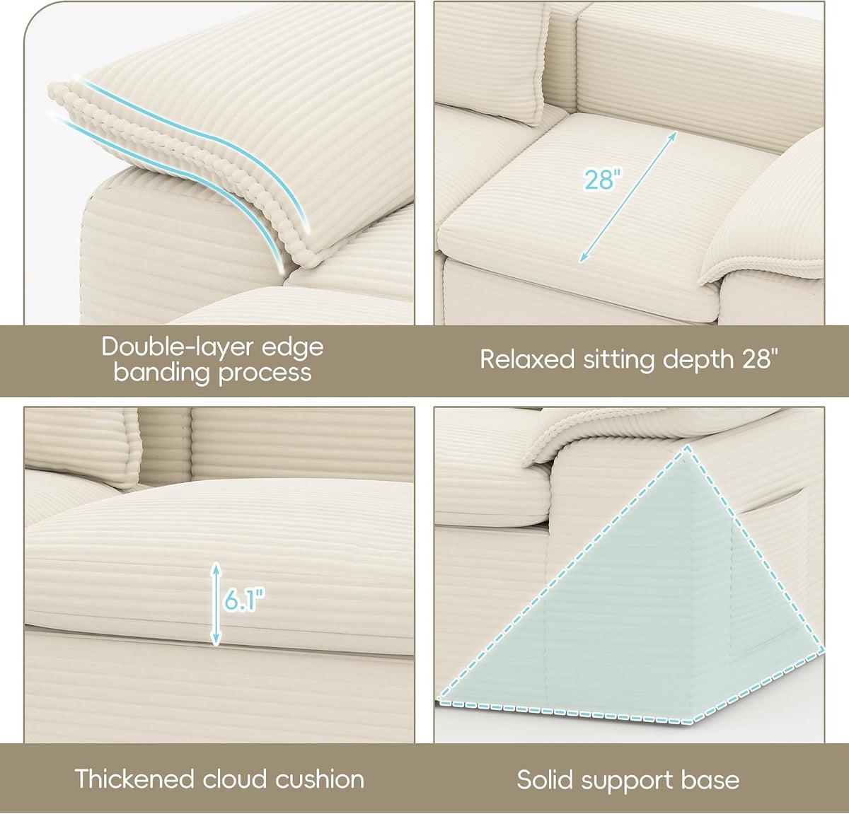 Four close detail panels showing edge banding, seat cushion, thickened cushion side and support base of the ribbed sectional.