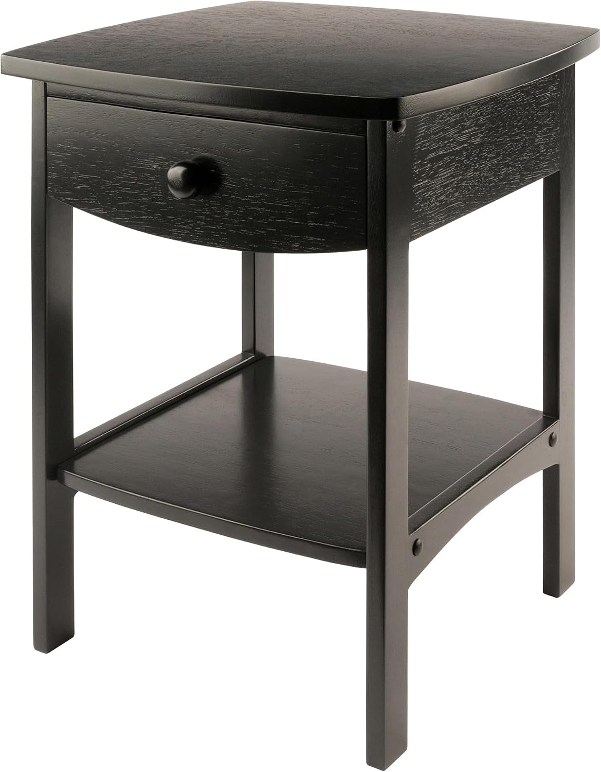 Black finish end table shown at a three-quarter angle with drawer closed and visible wood grain.