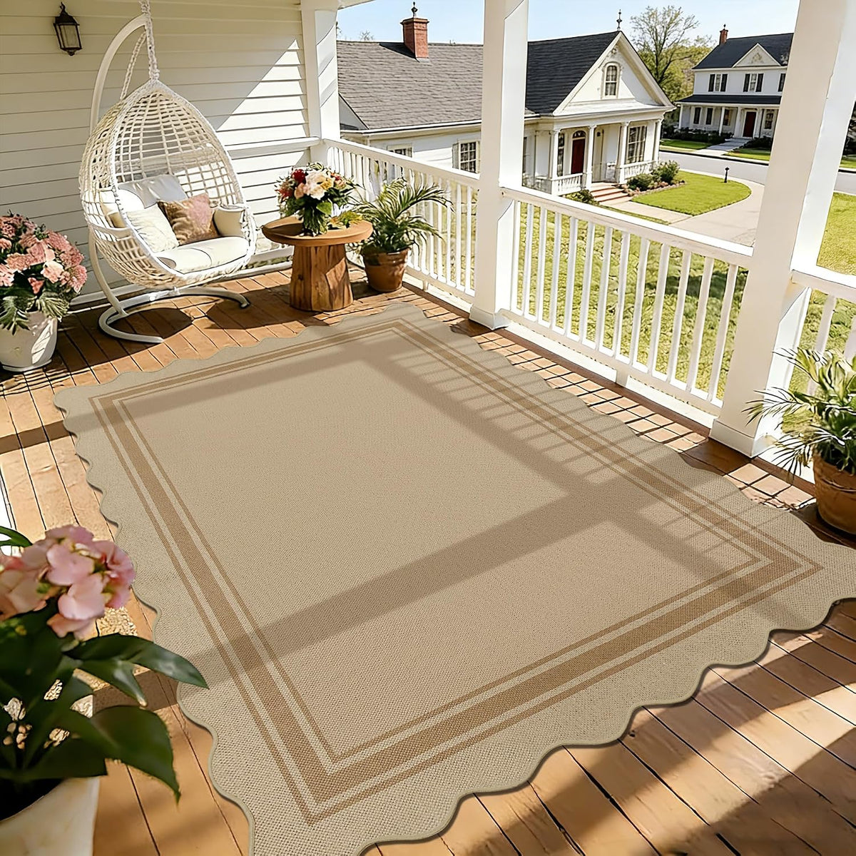 Beige scalloped rug on a sunny porch floor beside a hanging chair and potted flowers