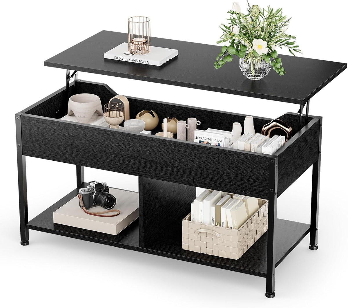 Black lift-top coffee table shown on white background with open storage and lower shelf holding books and a camera.