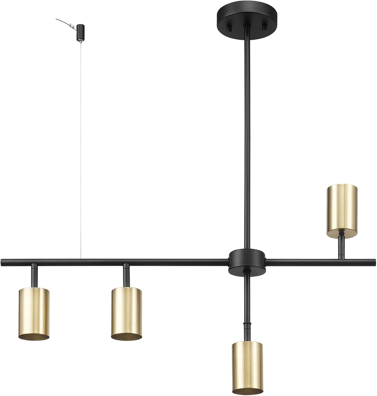 Overhead configuration showing a crossbar track with black stem, gold cylindrical shades, rod and suspension cable