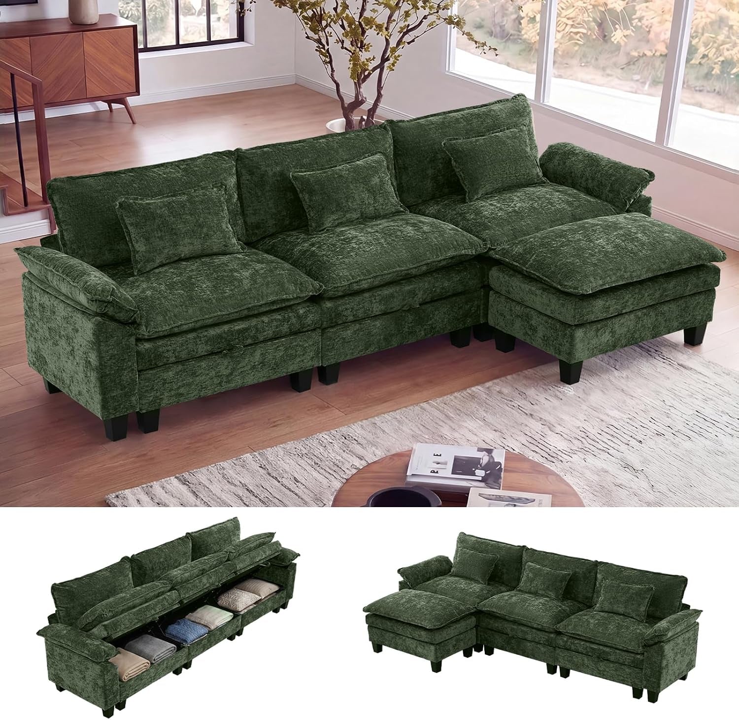 Green modular sectional arranged with ottoman in a bright living room, small thumbnails showing storage and alternate layout