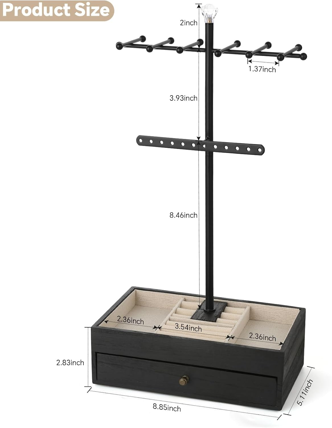 Front view of the black jewelry stand with ruler-style measurements overlaid on the base and pole.