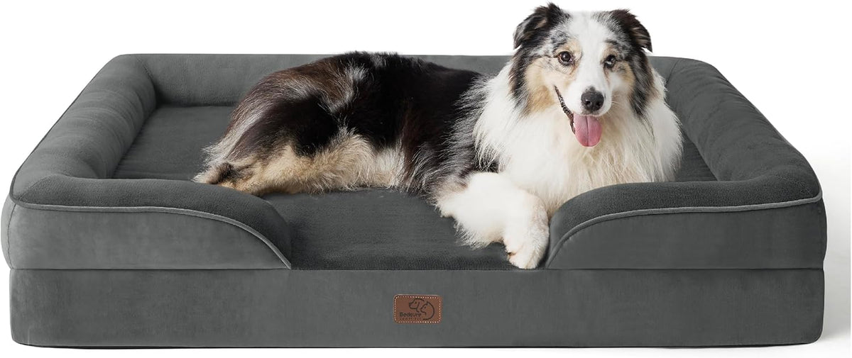 Charcoal gray bolstered rectangular dog bed with a merle-coated dog lying inside, angled slightly to the right