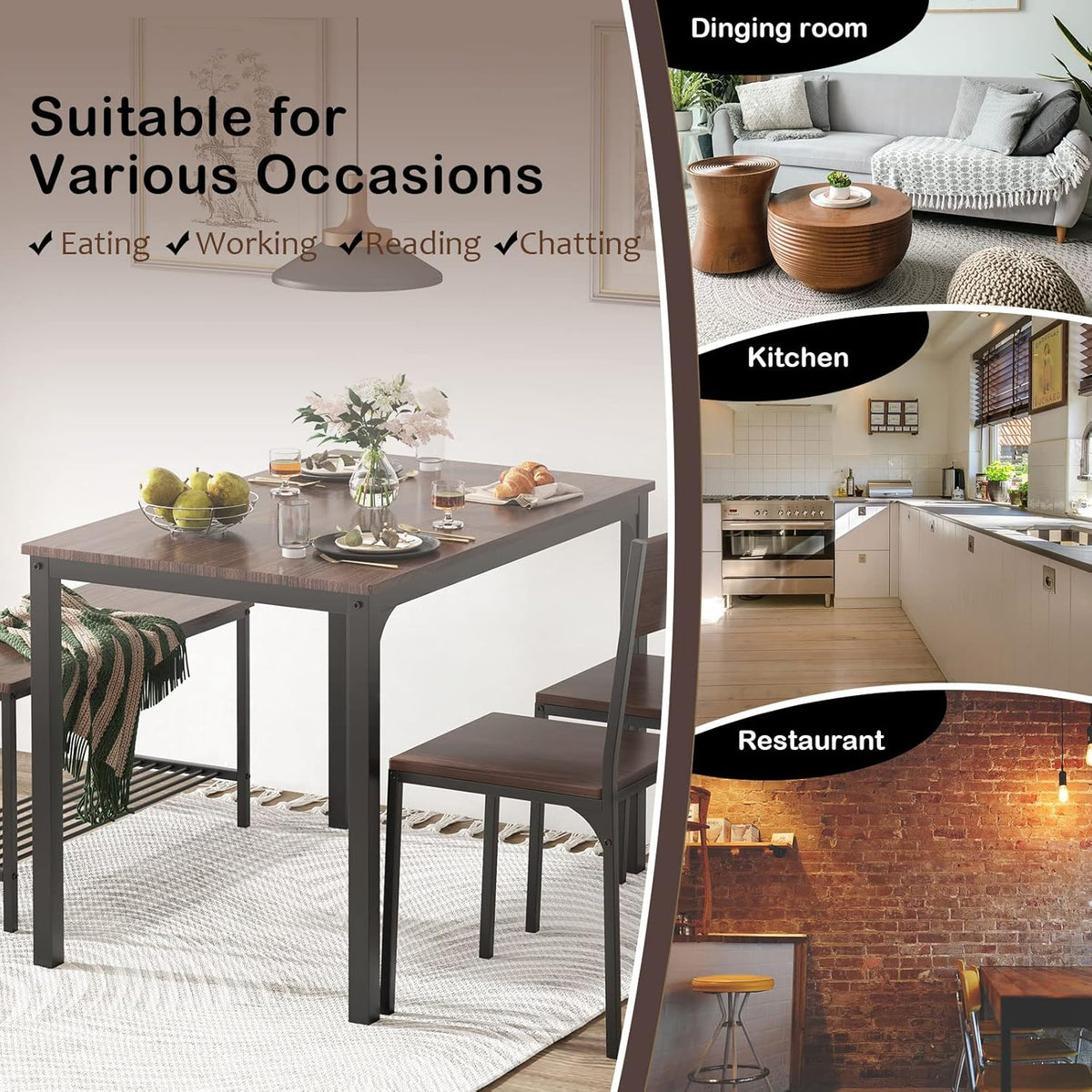 Collage of the dining set shown in kitchen, dining room and casual restaurant-style settings