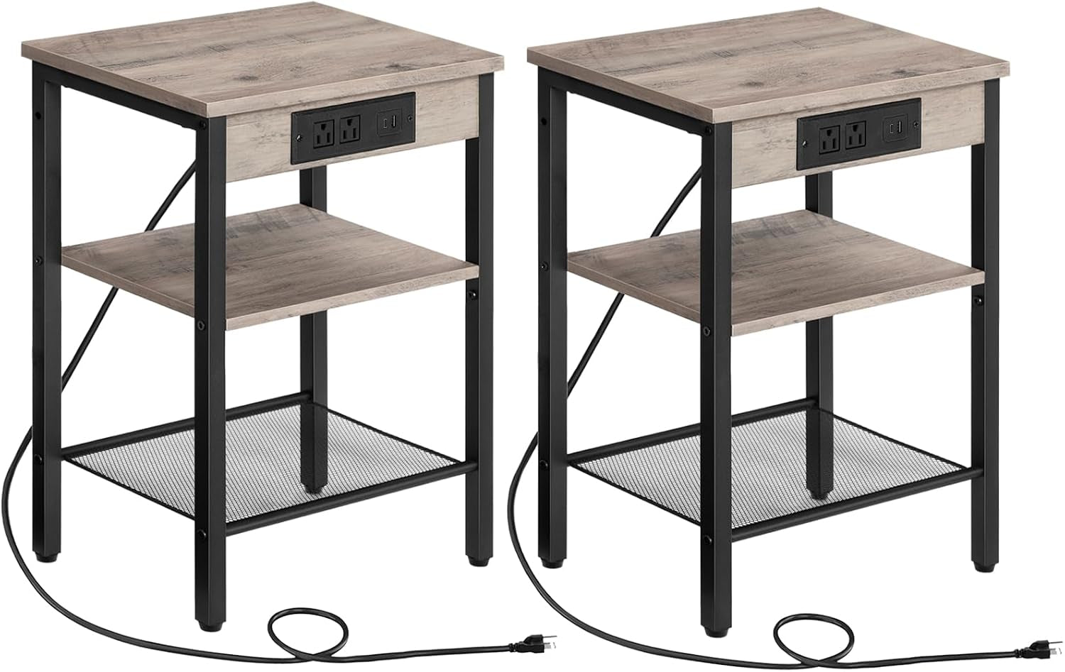 Two side tables with weathered light-gray wood tops, black metal frames and wired charging modules.
