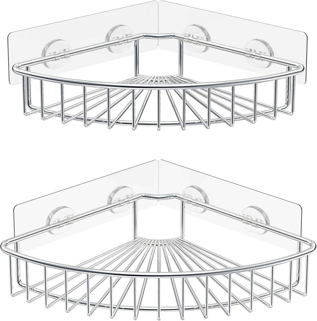 Two silver wire corner shelves with clear adhesive mounting plates shown on a white background from a front angle