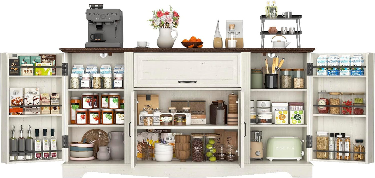 Front view of the white sideboard with all cabinet doors open, shelves stocked with jars and bowls beneath a dark wood top.