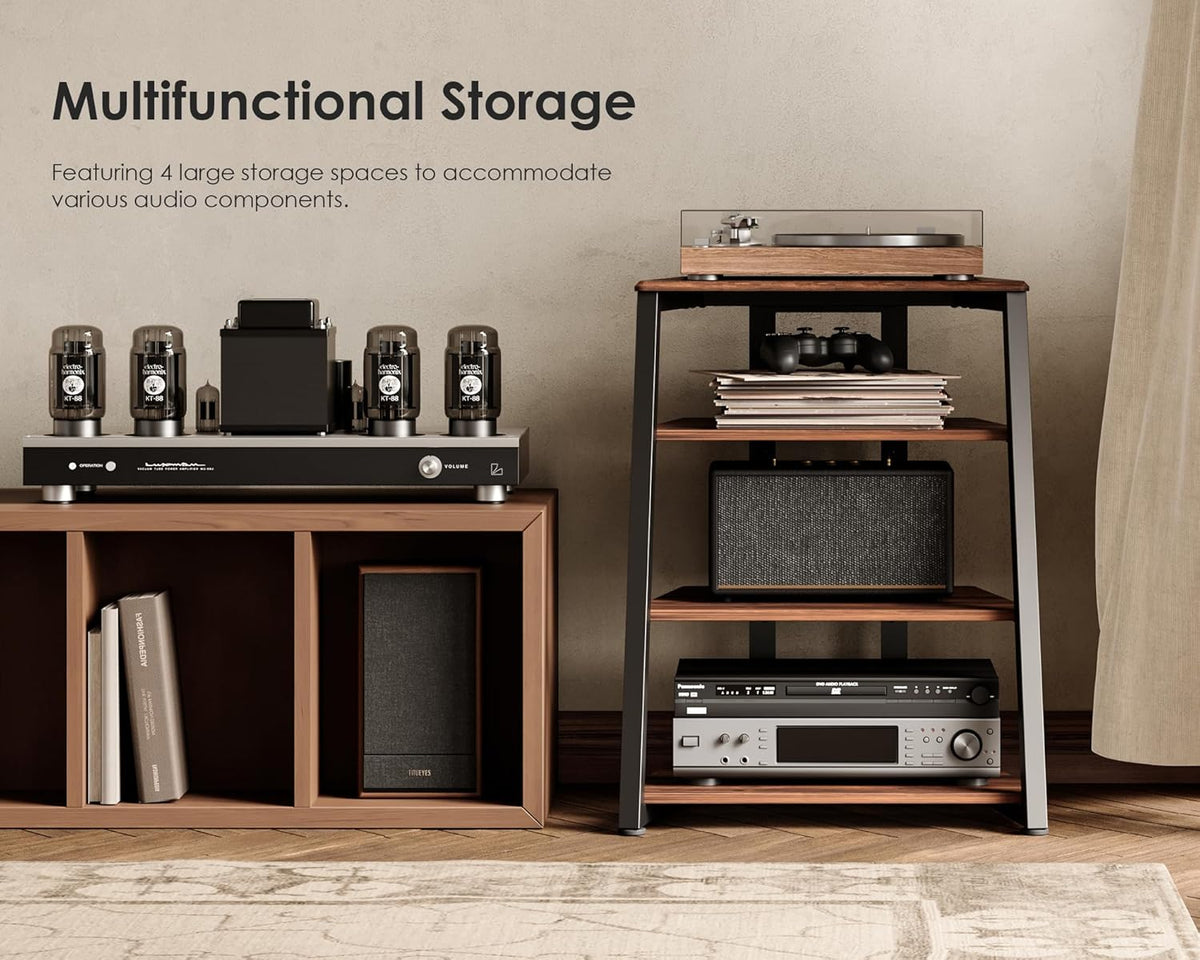 Walnut-finish stand staged beside a low console showing multifunctional shelving for AV gear