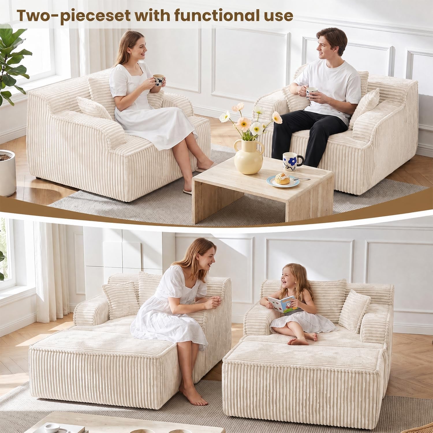 Collage showing the chaise lounge used in living room, study, and bedroom settings with ottoman positioned for leg support