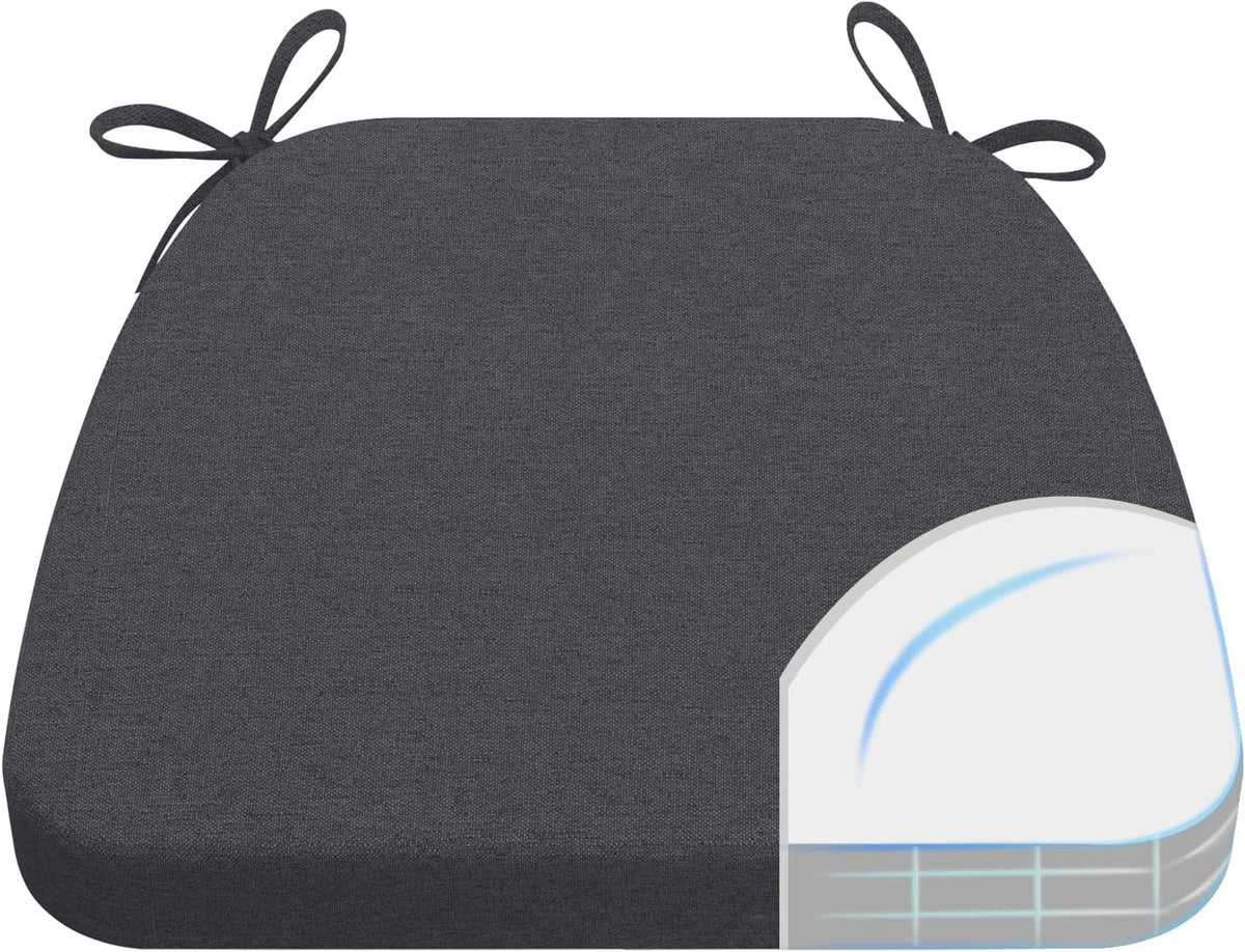 Single dark charcoal D-shaped cushion shown flat with a corner cutaway graphic revealing layered interior.