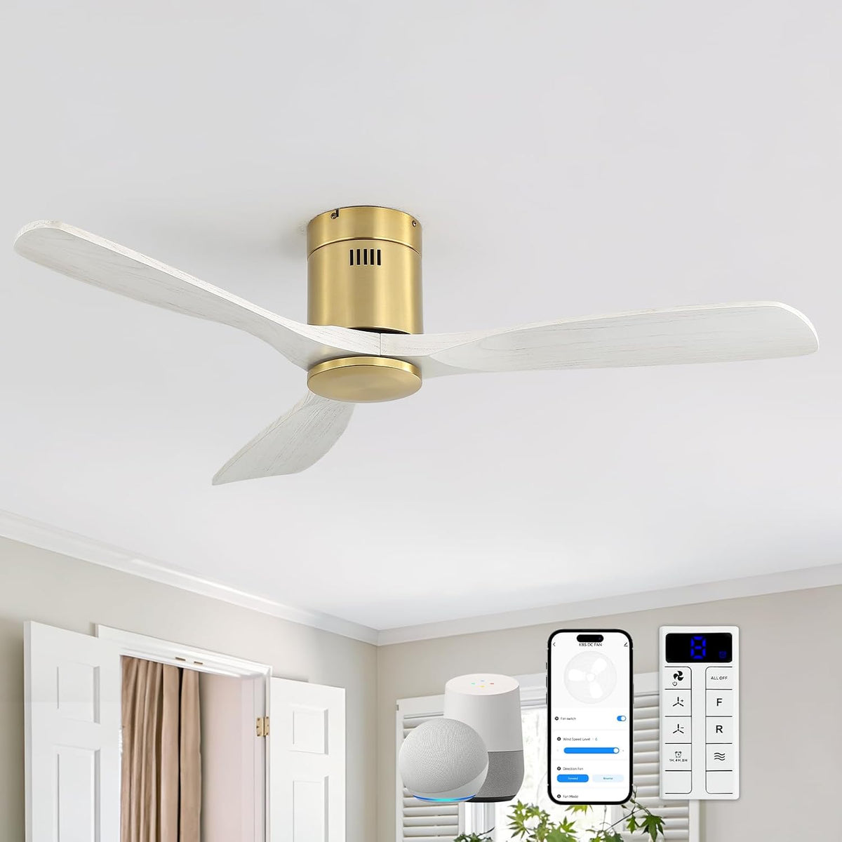 Ceiling-mounted three-blade fan with gold motor housing and whitewashed wood blades in a living room.