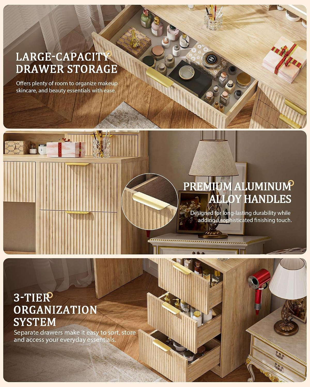 Three-panel collage showing an open top drawer with cosmetics, a close-up of a gold handle, and three stacked drawers partly