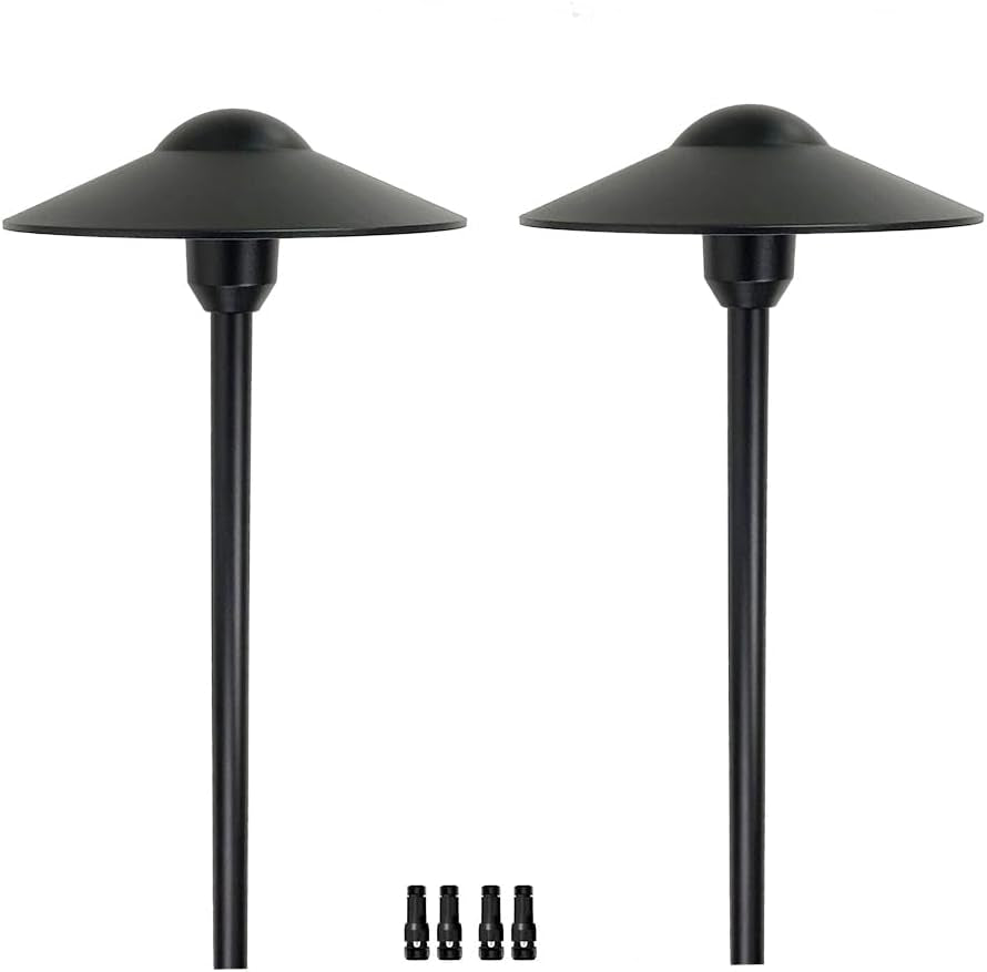 Pair of black pathway lights front view showing two top hats, stems and four waterproof wire connectors