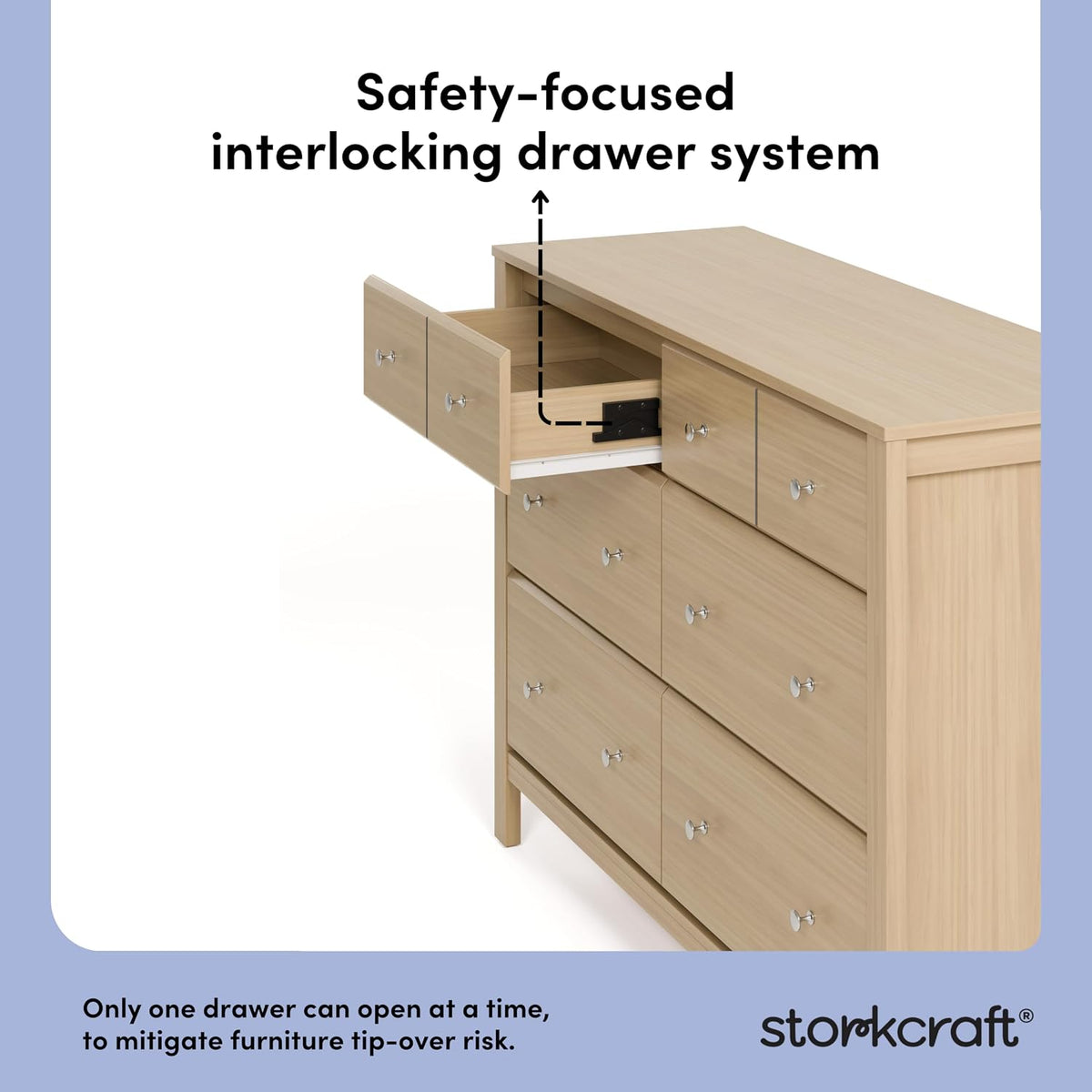 Angled close view of a pulled drawer illustrating the safety-focused interlocking drawer mechanism