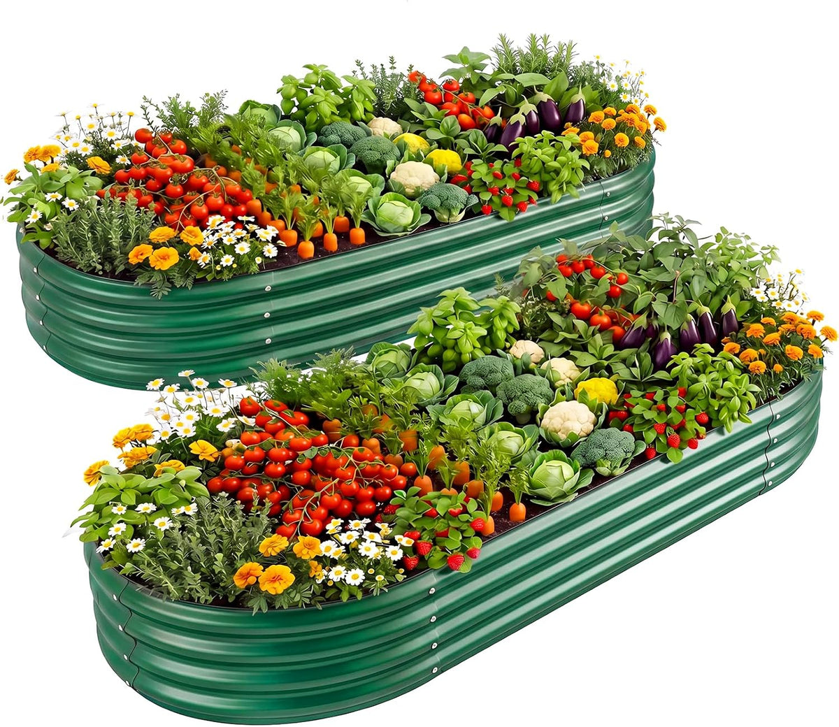 Pair of green corrugated oval raised garden beds densely planted with vegetables and blooms