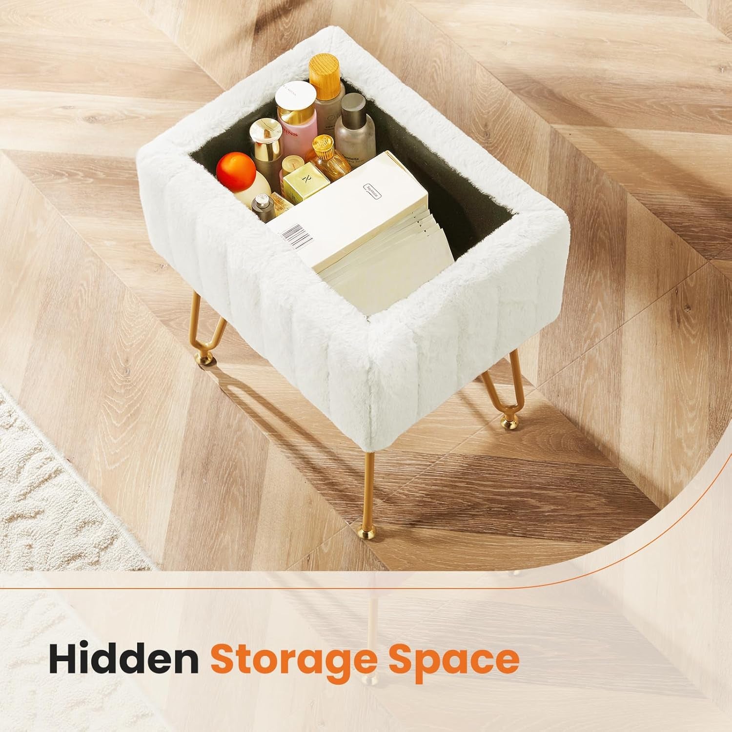Top-down view into the open stool showing interior storage filled with bottles and boxes