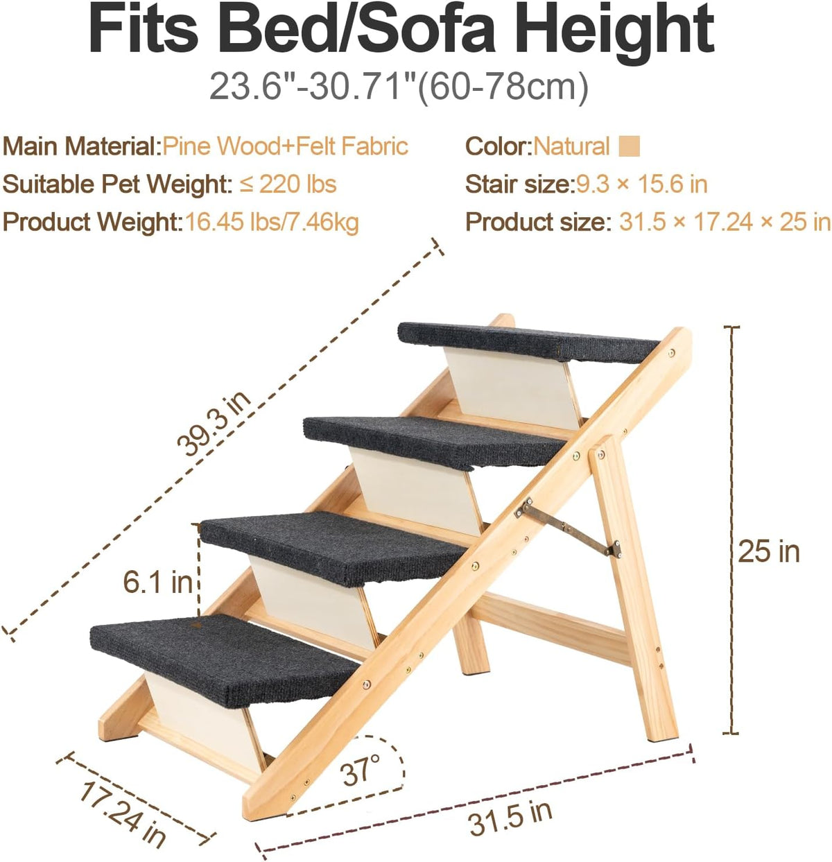 Four-step natural wood pet stairs shown with dimension callouts and 39.3 in folded length diagram