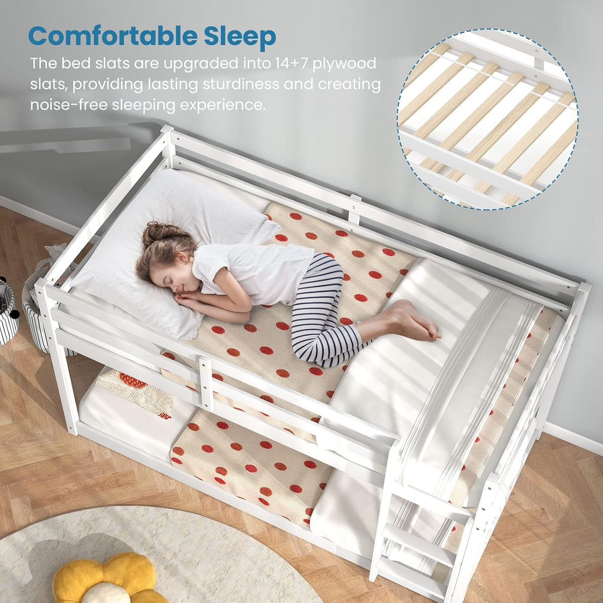 Top-down view showing a child sleeping on the upper bunk and an inset close-up of the wooden bed slats.