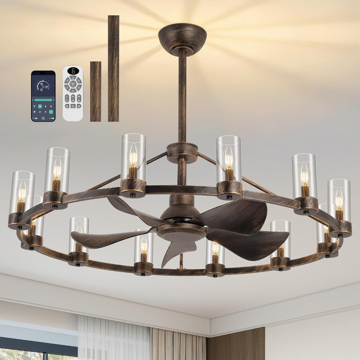 Ceiling-mounted wagon-wheel chandelier fan in a brown/bronze finish with glass candle shades and five curved blades