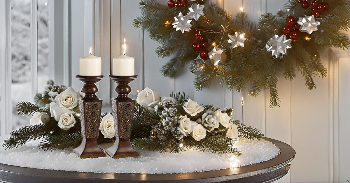 Pair of 10.75-inch brown candle holders arranged on a table with holiday wreath and floral accents