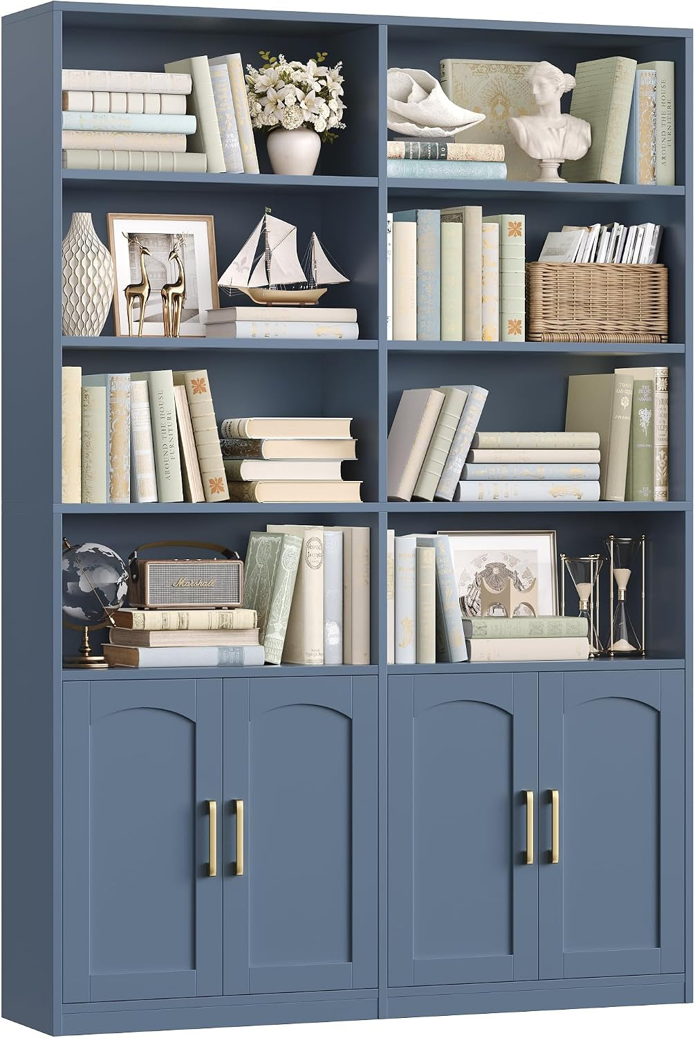 Tall blue double-wide bookshelf with four cabinet doors, gold handles and assorted books and accents