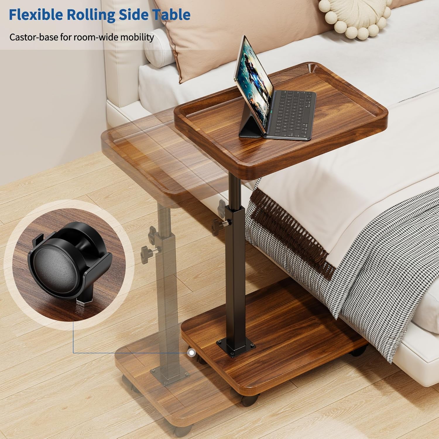 Close view of the table beside a bed highlighting a castor wheel and the rolling mobility feature