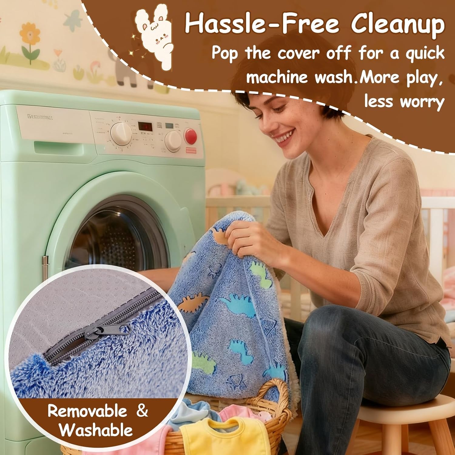 Woman removing the plush sofa cover next to a washing machine with a close-up of the zipper