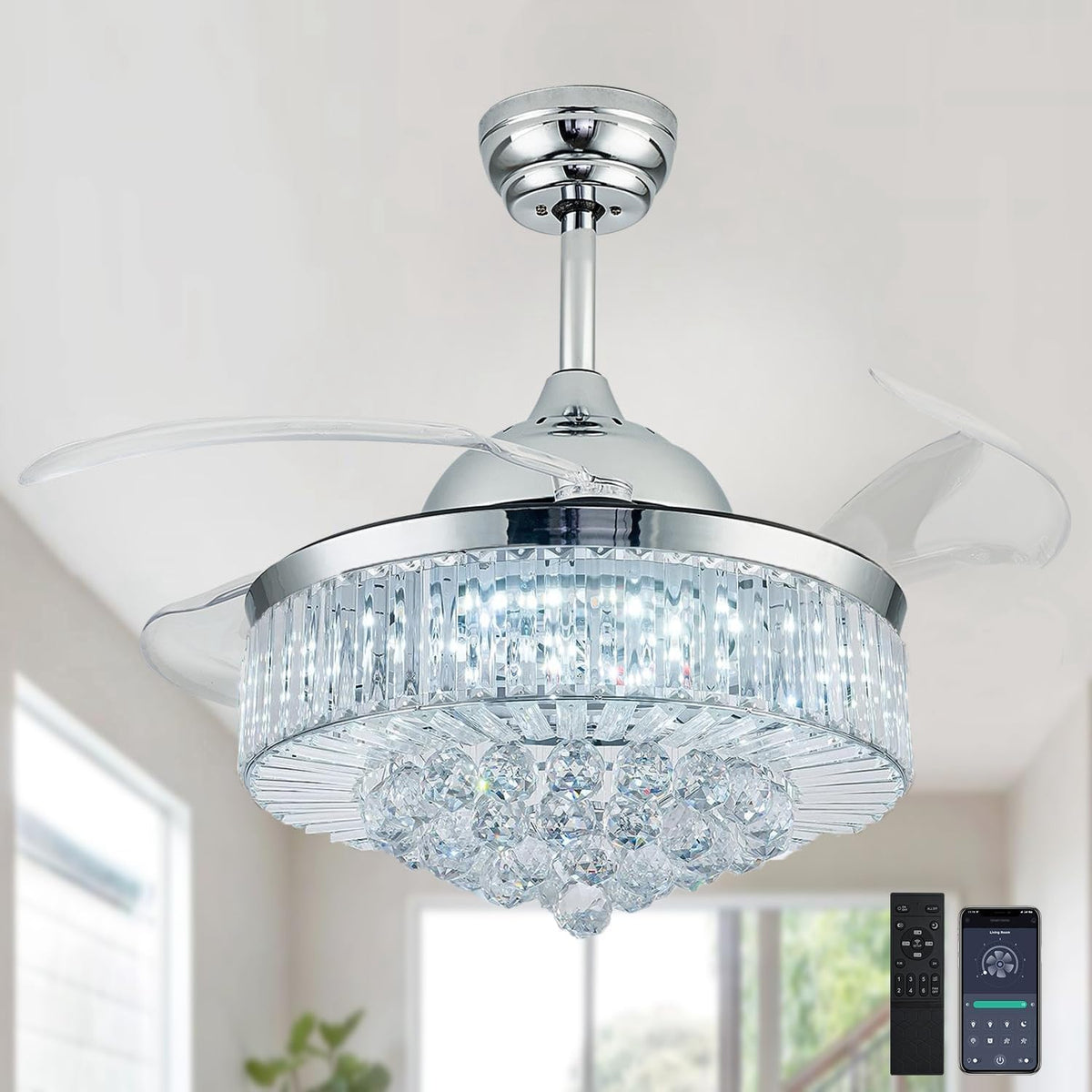 Chrome finish retractable-blade chandelier fan close-up showing crystal drop cluster and clear blades.