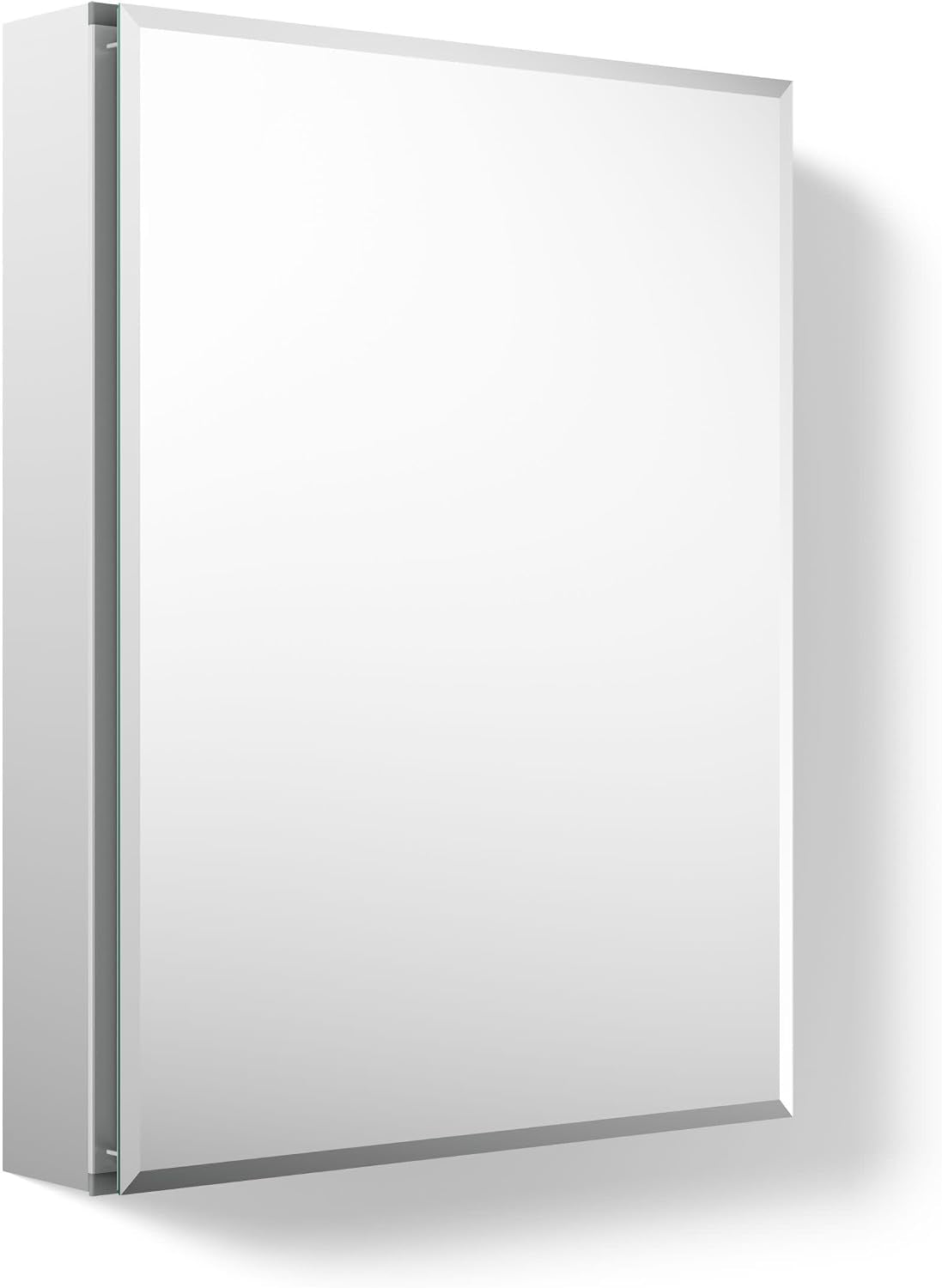 Frameless mirrored cabinet on a white background, front-right angle highlighting the beveled mirror edge.