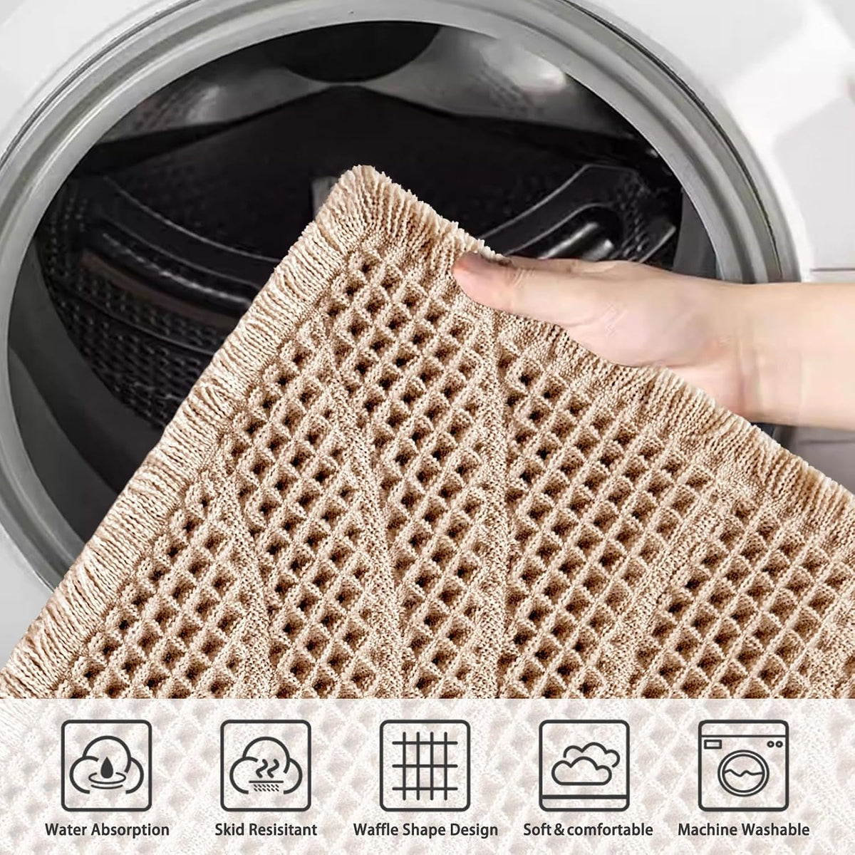 Person in a white bathrobe stepping from a bathtub onto a beige waffle mat, showing bathroom placement