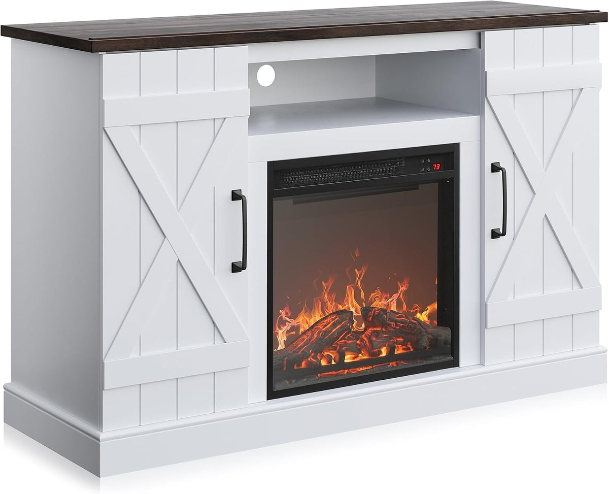 Studio image of the white version with dark wood top showing fireplace insert and black handles