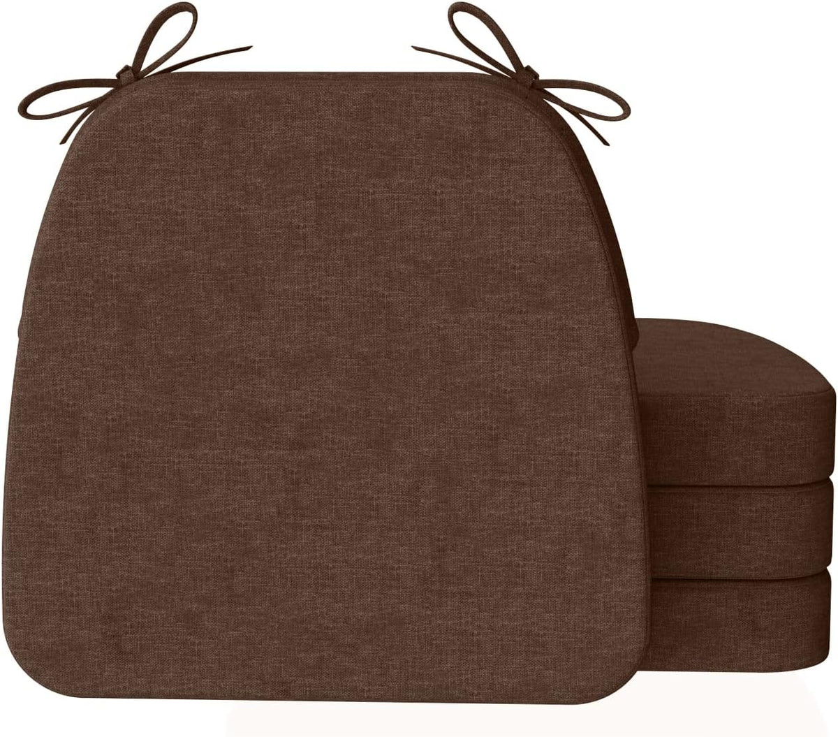 Two D-shaped chair cushions stacked, showing one cushion's back and tied corner loops, brown fabric.