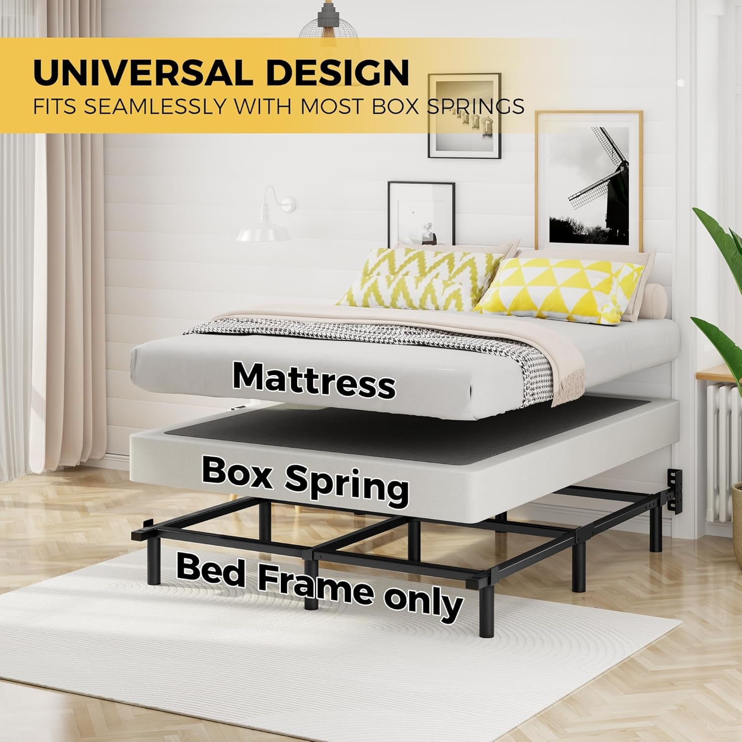 Staged illustration showing mattress and box spring lifted above the bed frame to show universal design
