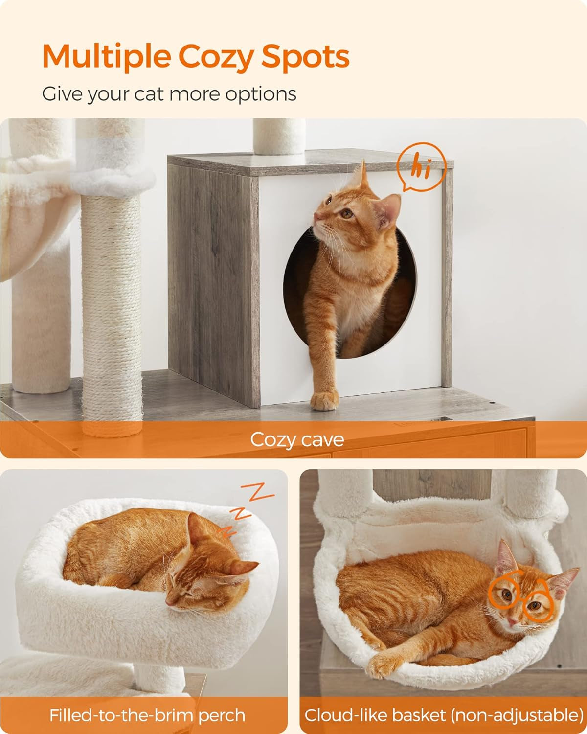 Three shots showing a cat peeking from the square cave, another sleeping on the filled-to-the-brim perch, and one curled in