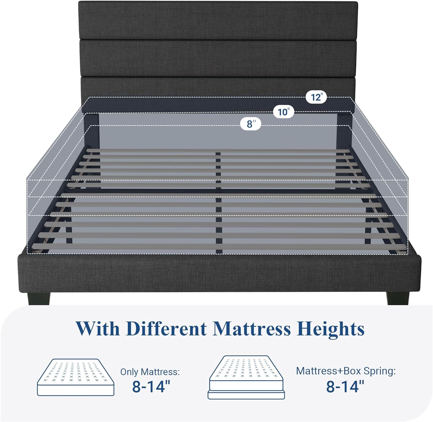Mattress-height diagram over a dark gray slatted bed frame with 8-, 10- and 12-inch outlines.