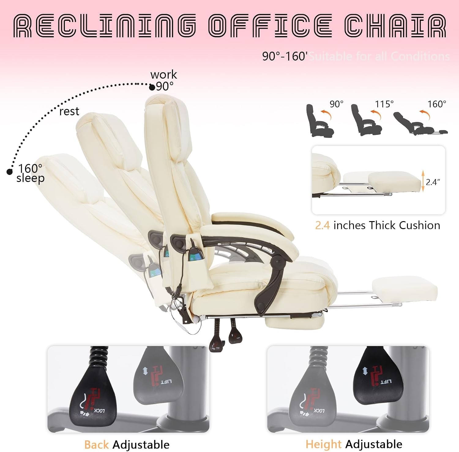 Side views of cream chair in multiple recline angles with retractable footrest and adjustment levers close-up